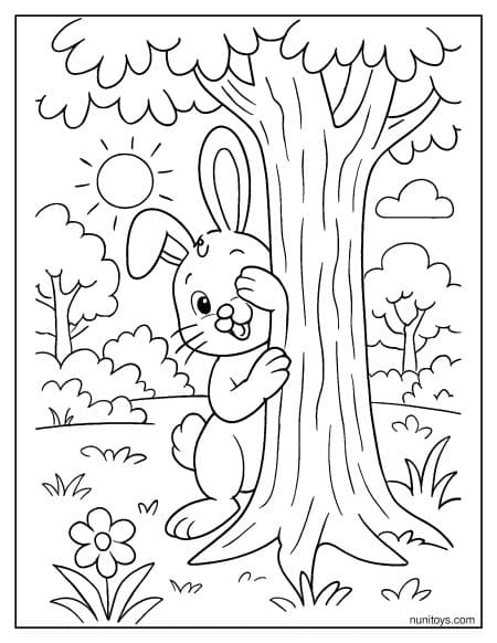 Bunny Hiding Behind Tree in Forest Coloring Page