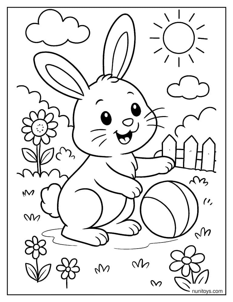 Coloriage lapin jouant avec un ballon dans le jardin