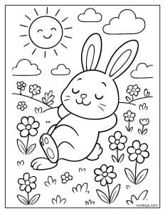 Sleeping Bunny Relaxing in a Flower Field Coloring Page