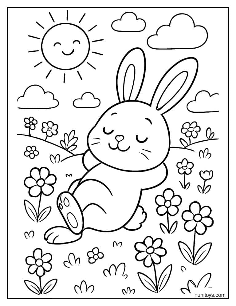 Coloriage lapin se reposant dans une prairie fleurie au soleil