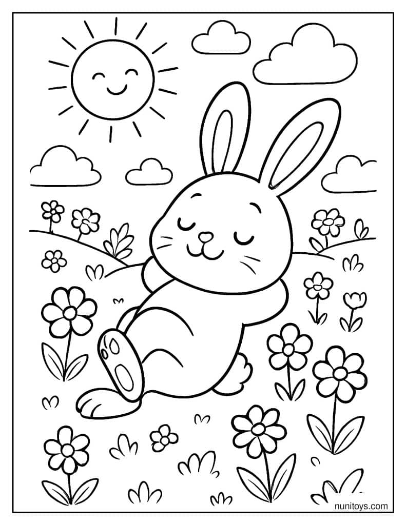 Sleeping Bunny Relaxing in a Flower Field Coloring Page