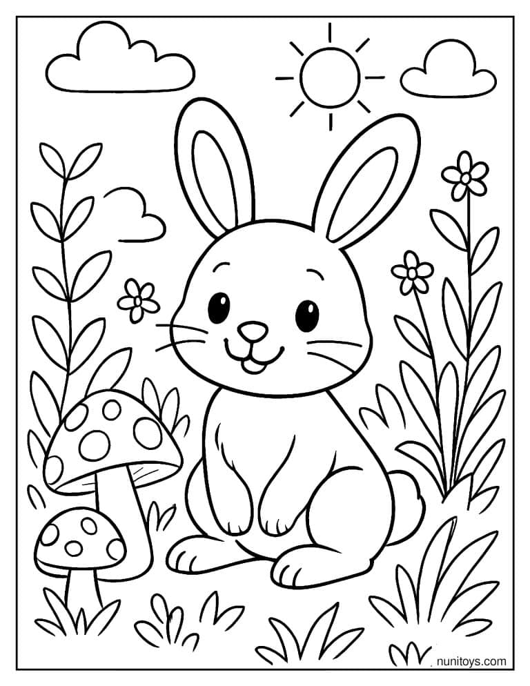 Coloriage lapin souriant assis près de champignons tachetés