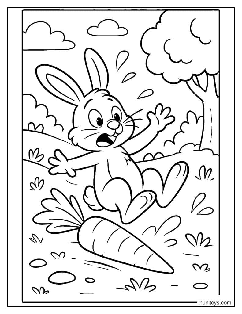 Bunny Tripping Over Carrot in Garden Coloring Page