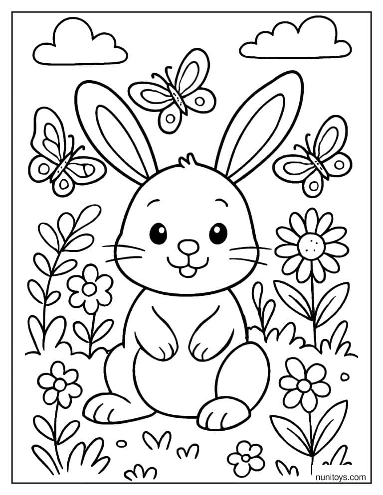 Coloriage lapin souriant entouré de fleurs et de papillons