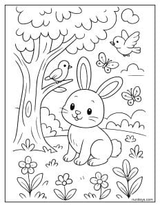 Bunny Sitting with Birds and Butterflies Coloring Page