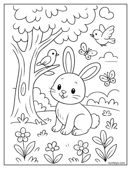 Bunny Sitting with Birds and Butterflies Coloring Page