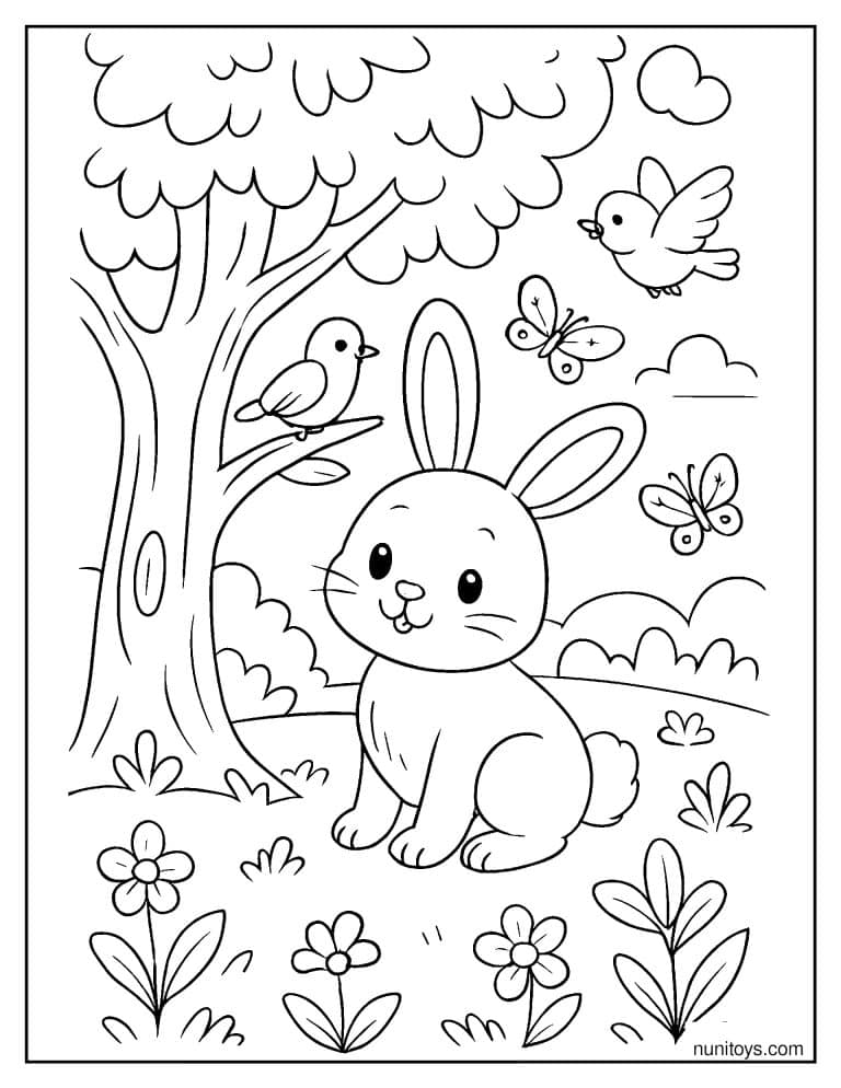 Coloriage lapin assis sous un arbre avec oiseaux et papillons