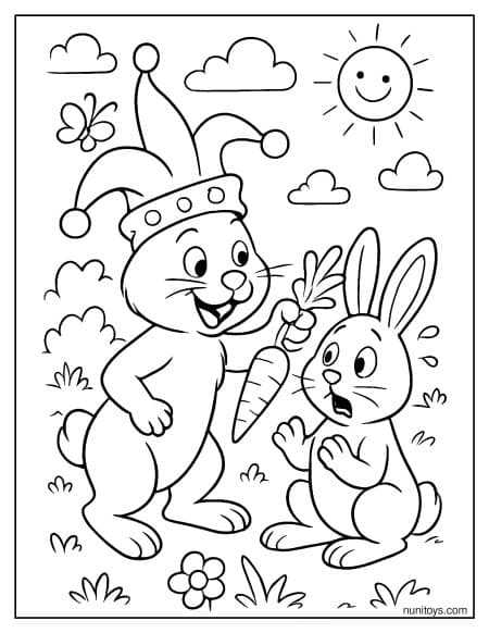 Funny Bunny Wearing a Jester Hat with Carrot Coloring Page