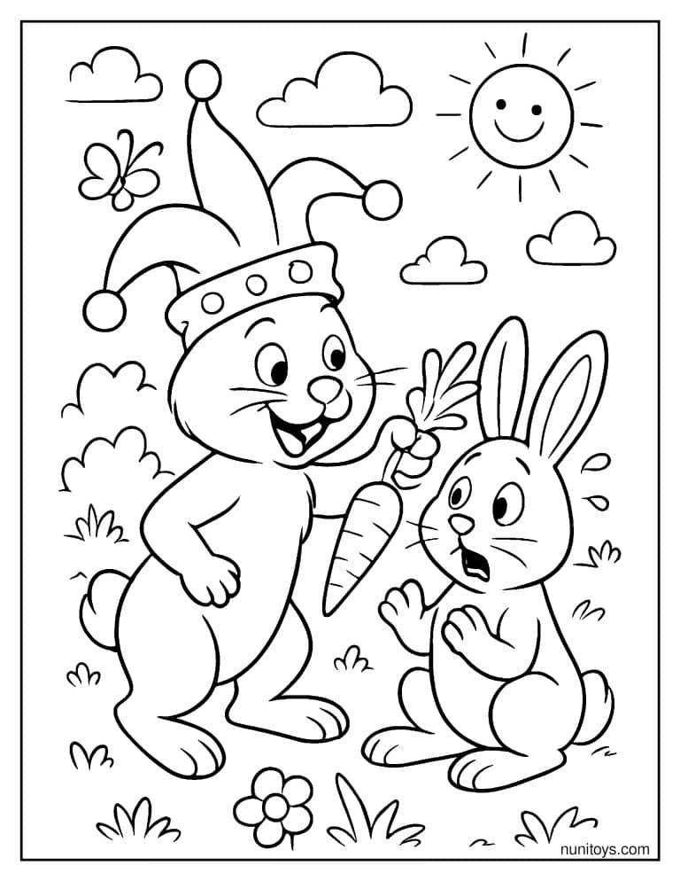 Coloriage lapin déguisé offrant une carotte à un autre lapin