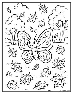 דף צביעה של פרפר בין עלים נושרים בסתיו