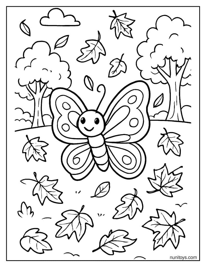 Butterfly Surrounded by Falling Leaves in a Forest Coloring Page