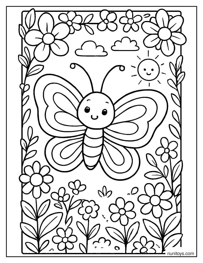 Butterfly Framed by Flowers and Smiling Sun Coloring Page