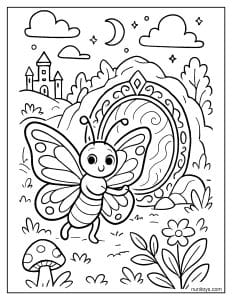 דף צביעה של פרפר שומר על שער קסום בגן פיות