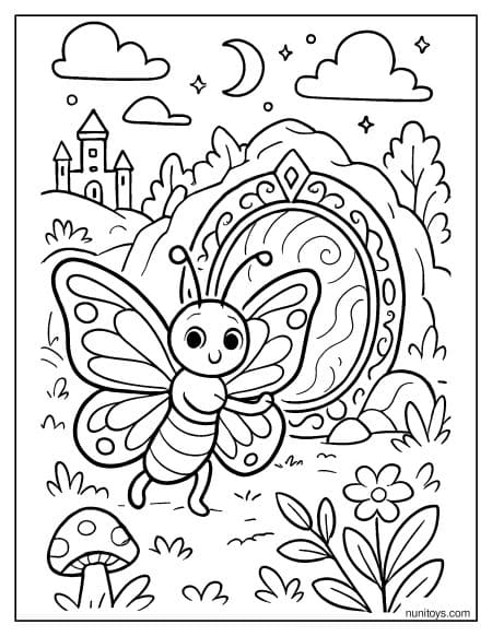 דף צביעה של פרפר שומר על שער קסום בגן פיות