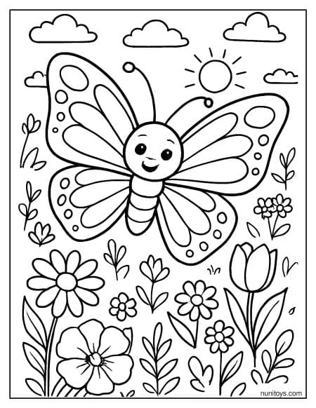 דף צביעה של פרפר חמוד בגינה עונתית מלאה פרחים