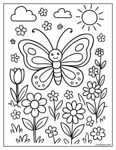 דף צביעה של פרפר חמוד בגינת אביב פורחת