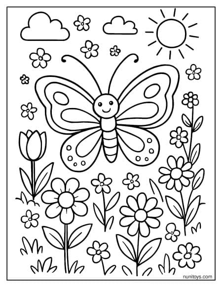 דף צביעה של פרפר חמוד בגינת אביב פורחת