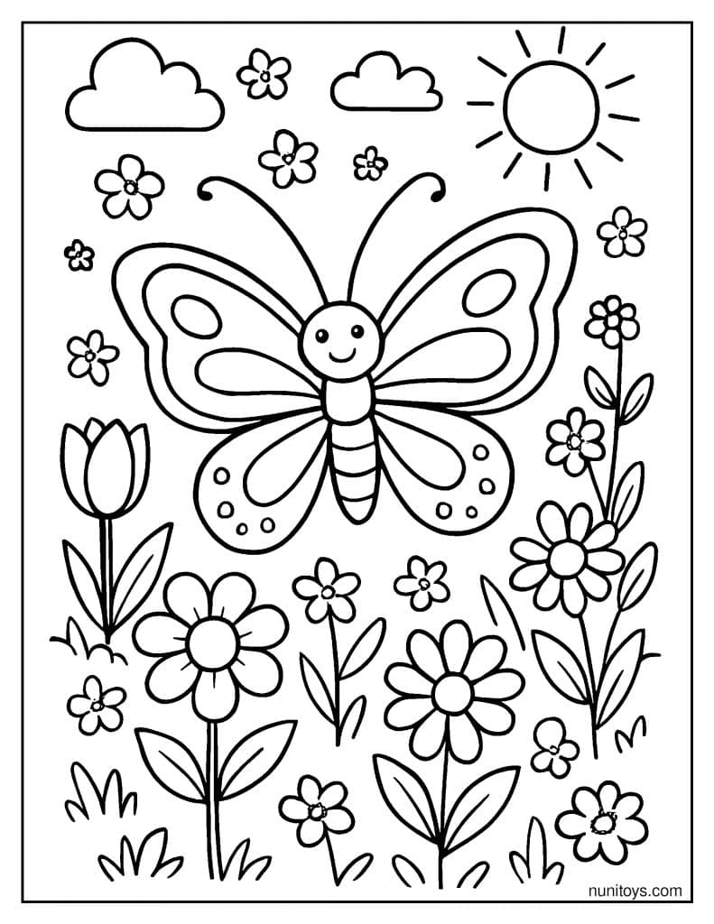 דף צביעה של פרפר חמוד בגינת אביב פורחת