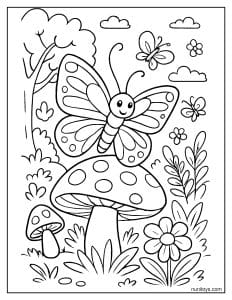 דף צביעה של פרפר חמוד יושב על פטרייה בגן קסום