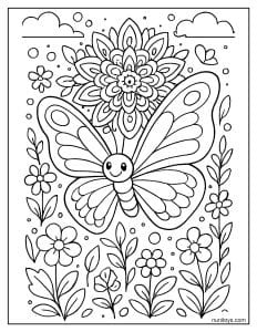 דף צביעה של פרפר חמוד מוקף במנדלת פרחים בגינה