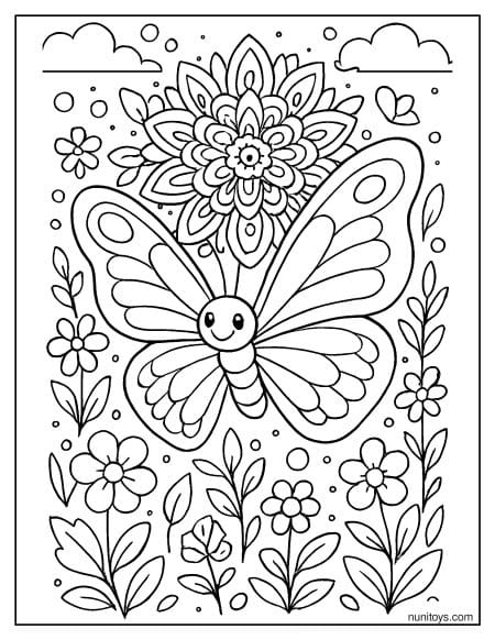 דף צביעה של פרפר חמוד מוקף במנדלת פרחים בגינה