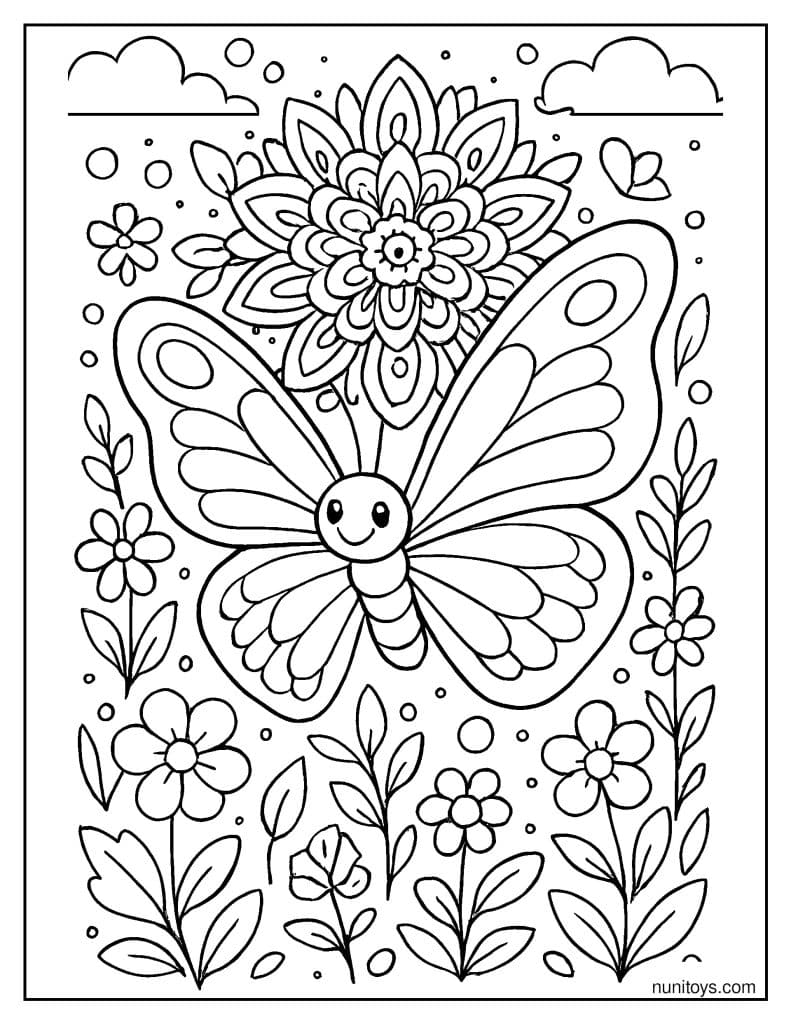 דף צביעה של פרפר חמוד מוקף במנדלת פרחים בגינה