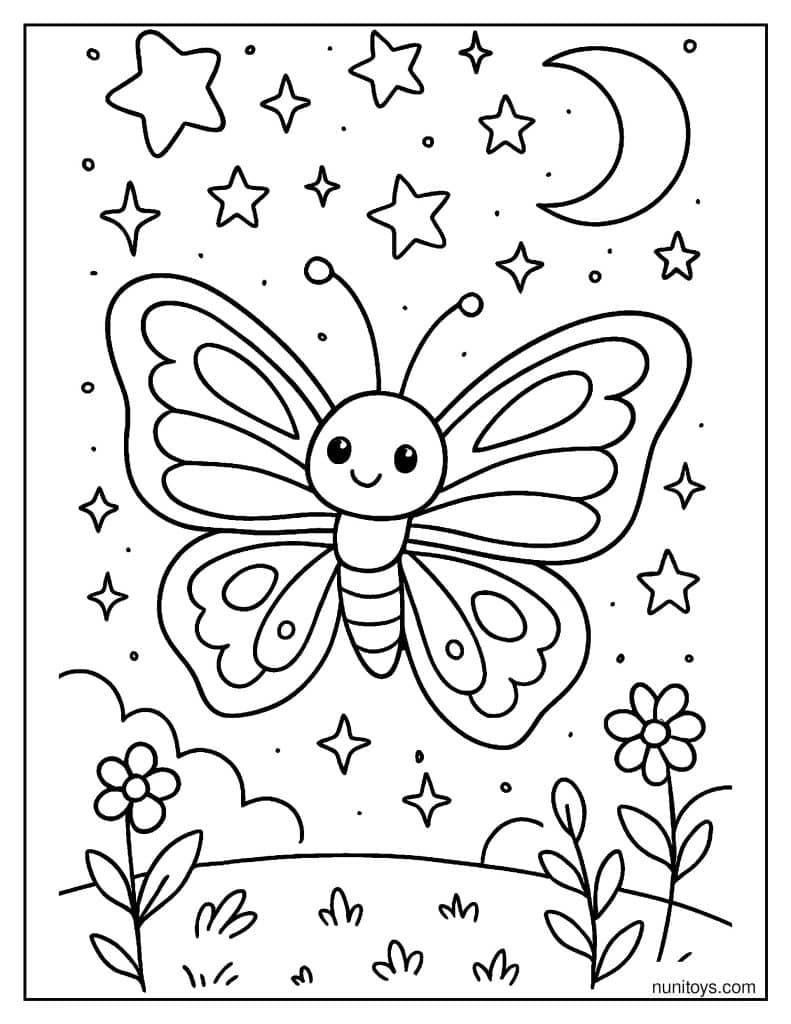 דף צביעה של פרפר חמוד בין כוכבים וירח בלילה