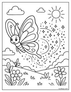 דף צביעה של פרפר קסום מתפזר לאורות נוצצים בשמיים