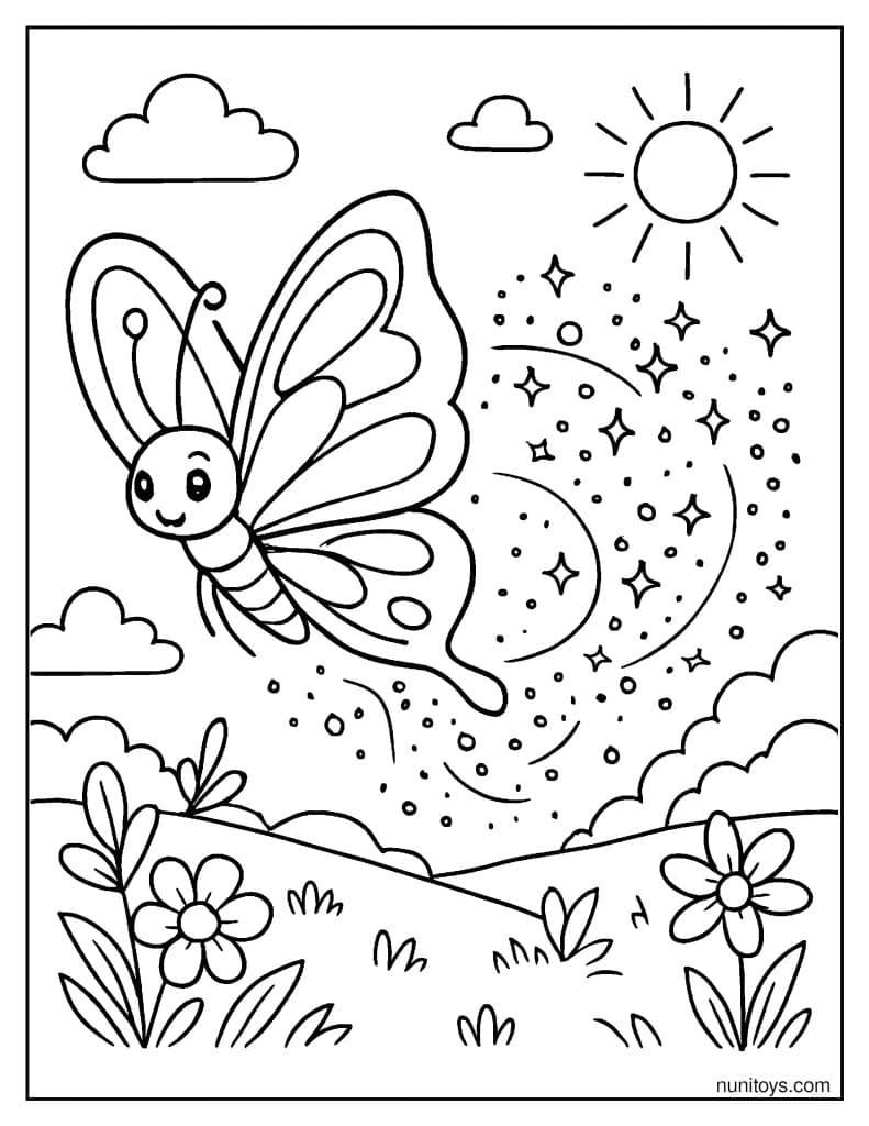 דף צביעה של פרפר קסום מתפזר לאורות נוצצים בשמיים