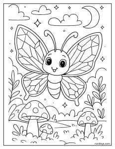 דף צביעה של פרפר חמוד עם כנפיים מעוצבות בגן קסום