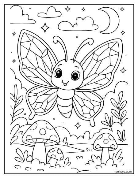 דף צביעה של פרפר חמוד עם כנפיים מעוצבות בגן קסום