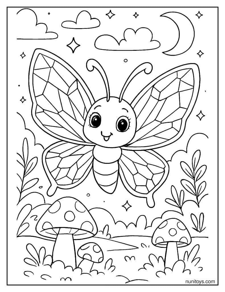 דף צביעה של פרפר חמוד עם כנפיים מעוצבות בגן קסום