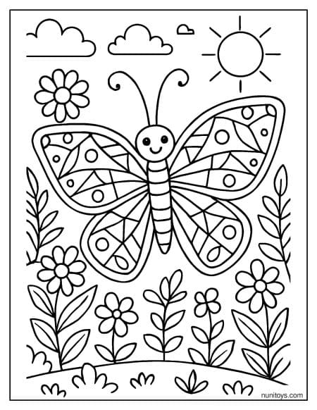 דף צביעה של פרפר עם כנפיים גאומטריות בגינת פרחים