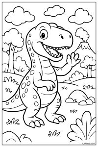 Cartoon Allosaurus Waving Hello in a Prehistoric Park Coloring Page