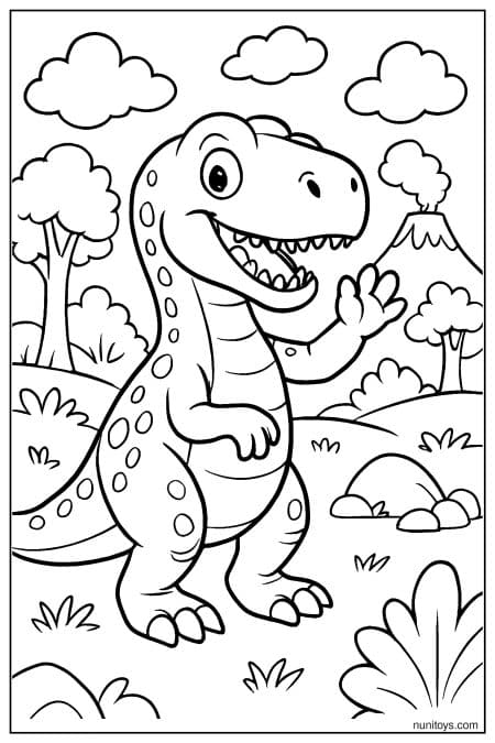 Allosaurus stands near volcano with trees and open sky Coloring Page