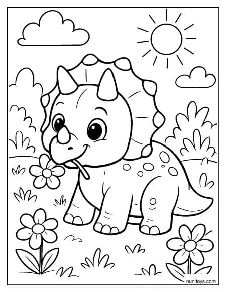 Baby Triceratops Smelling Flower in Garden Coloring Page