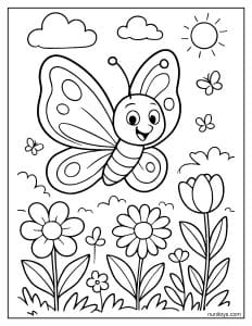 דף צביעה של פרפר חמוד מרחף מעל גינת פרחים