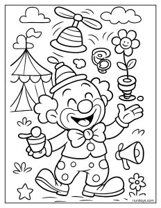 Clown juggling circus props with spinning hat and playful objects coloring page