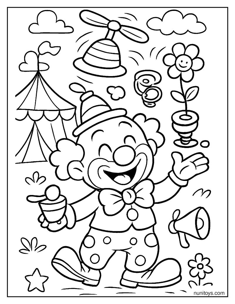Cartoon Clown with Spinning Hat and Silly Gadgets Coloring Page
