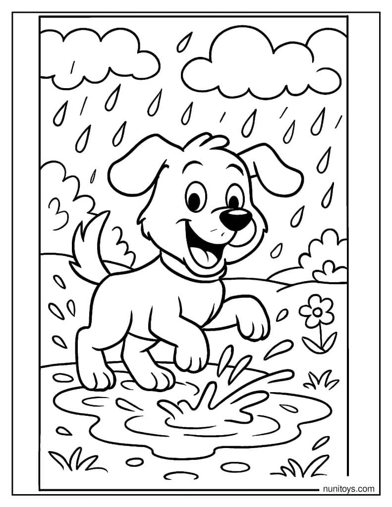דף צביעה של כלב חמוד קופץ בשלולית בגשם