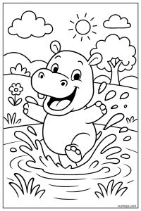 Cartoon Hippo Splashing Water Coloring Page
