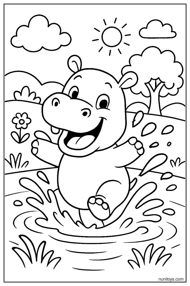 Cartoon Hippo Splashing Water Coloring Page