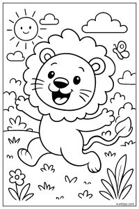 Cartoon Lion Jumping Happily Coloring Page