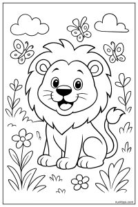Cartoon Lion Smiling with Butterflies Coloring Page