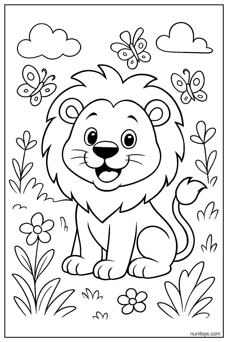 Cartoon Lion Smiling with Butterflies Coloring Page