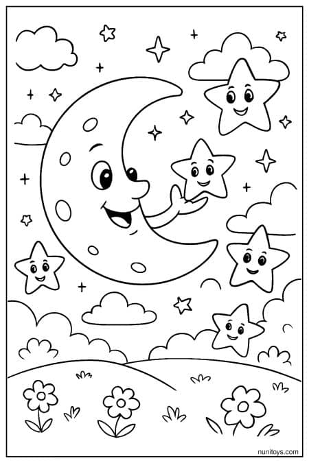 Crescent Moon Playing with Stars in Sky Coloring Page