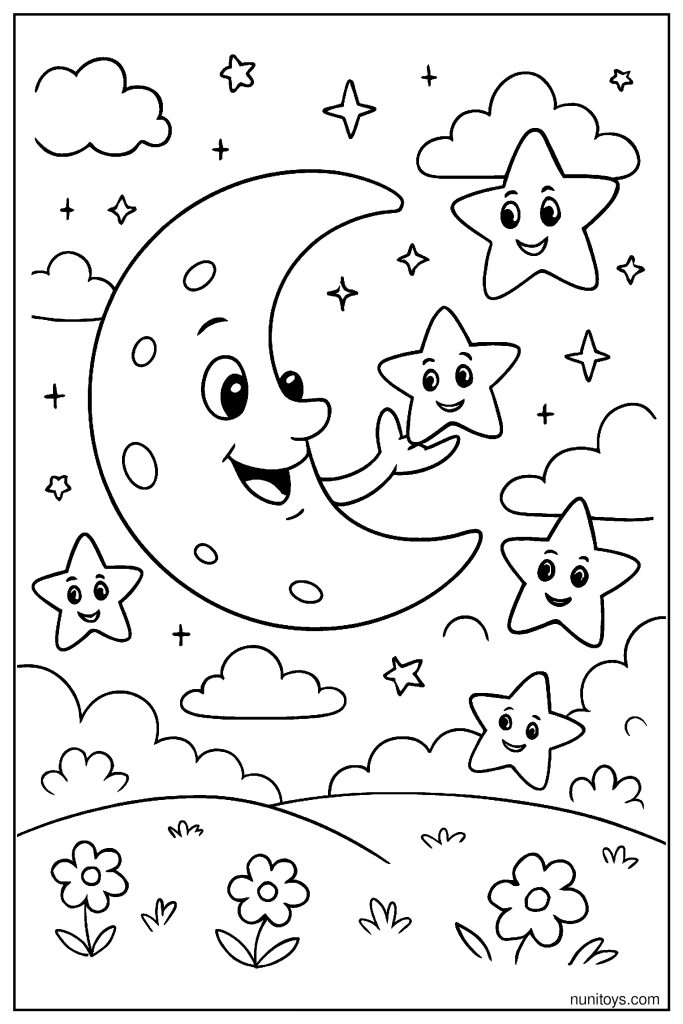 Cartoon Moon Playing with Stars in a Fun Sky Scene Coloring Page