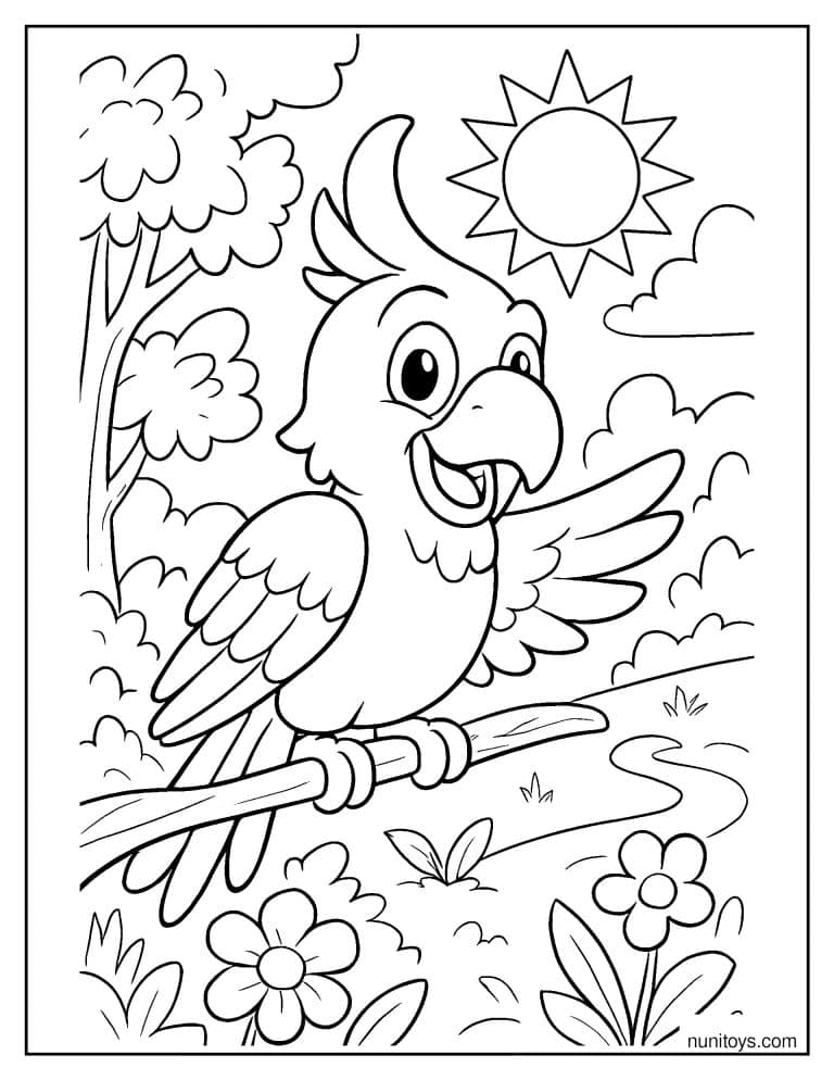 Coloriage perroquet joyeux perché sur une branche ensoleillée
