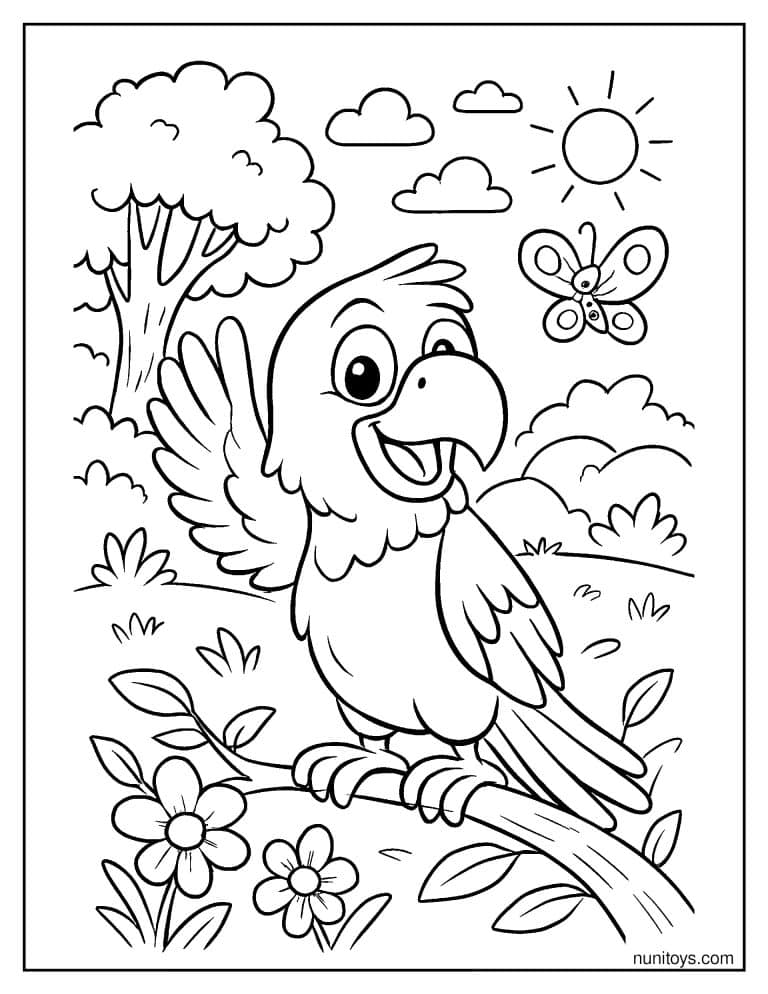 Coloriage perroquet levant une aile devant un papillon