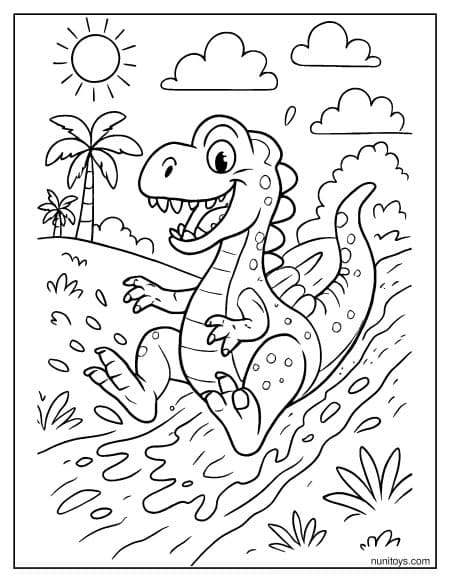 Spinosaurus Sliding Down Muddy Hill Coloring Page